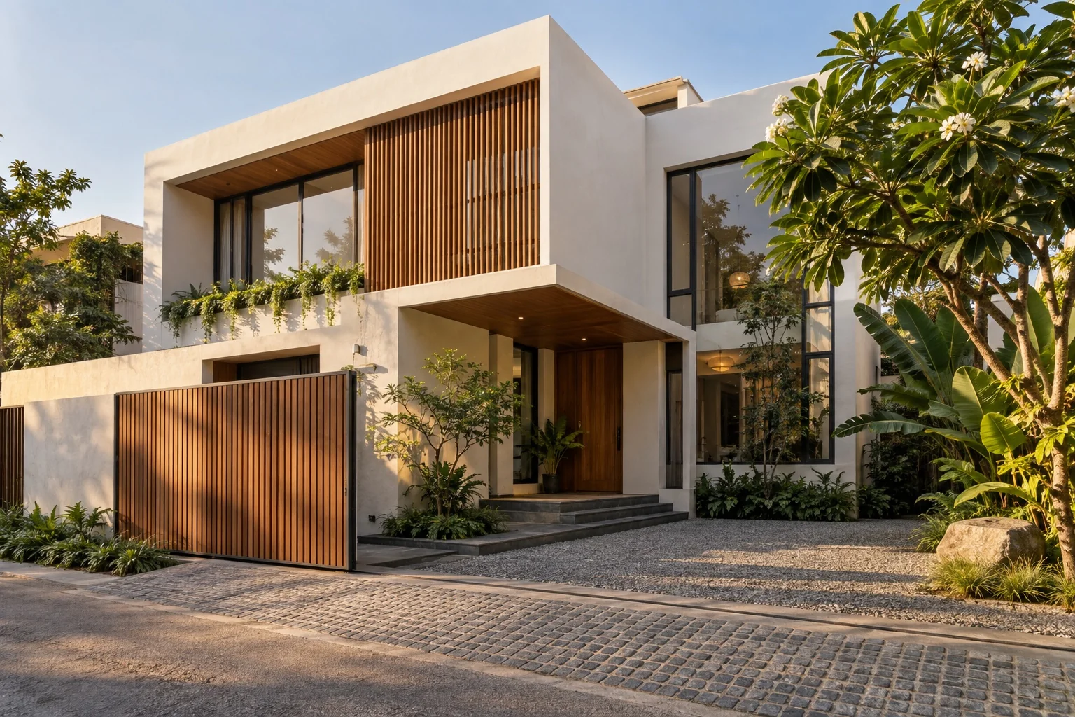 Timber and white-plaster courtyard residence