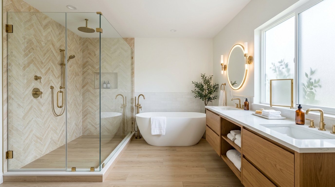Modern Luxury Bathroom Remodel with Herringbone Tile, Freestanding Soaker Tub, and Floating Double Vanity